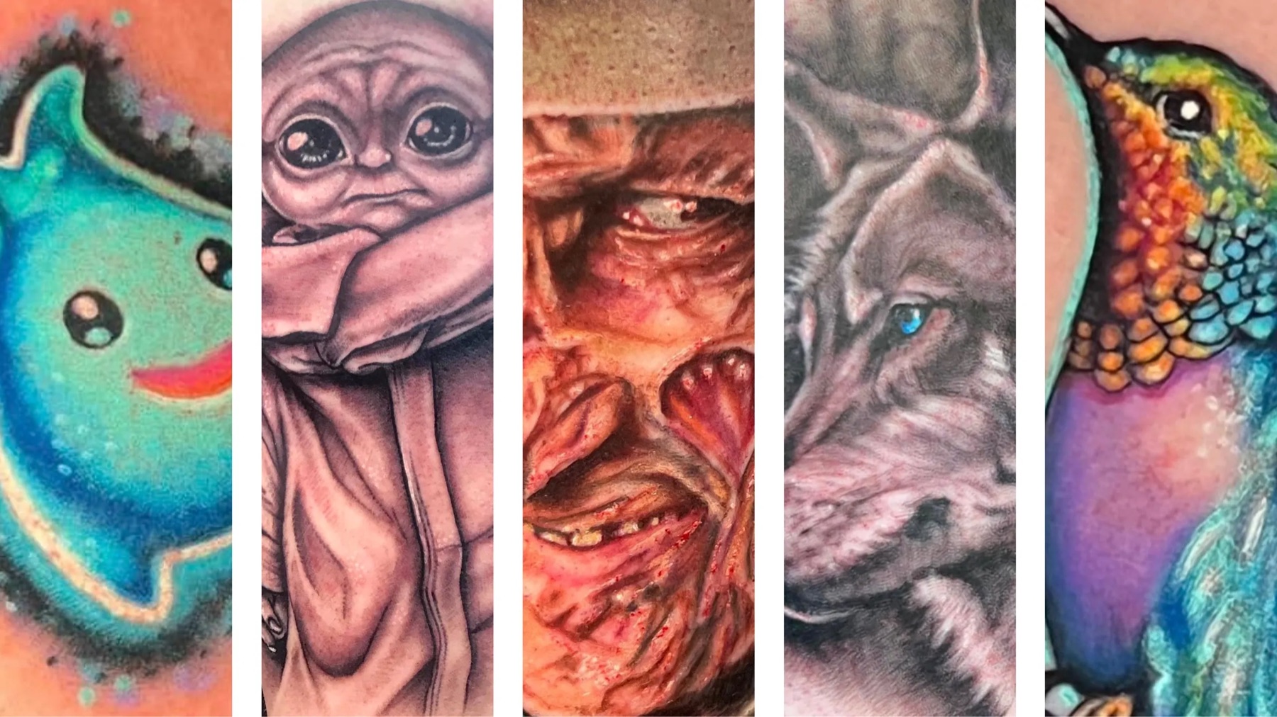 Selection of Harvey Dickson tattoo work: color realism pieces including a character portrait, Grogu, a horror portrait, a wolf, and a hummingbird.